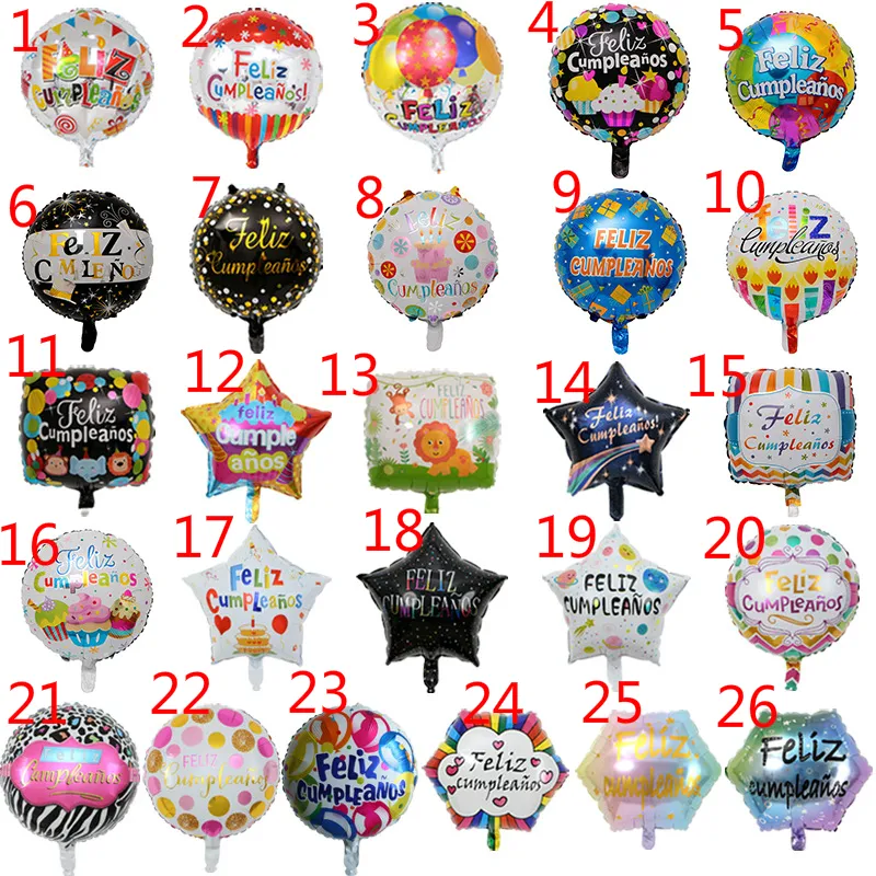 50PCS / الكثير 18INCH فيليز cumpleanos بالونات عيد ميلاد الإسبانية تكمل مايلر الهليوم بالون الهواء balloes حفلة عيد ميلاد سعيد