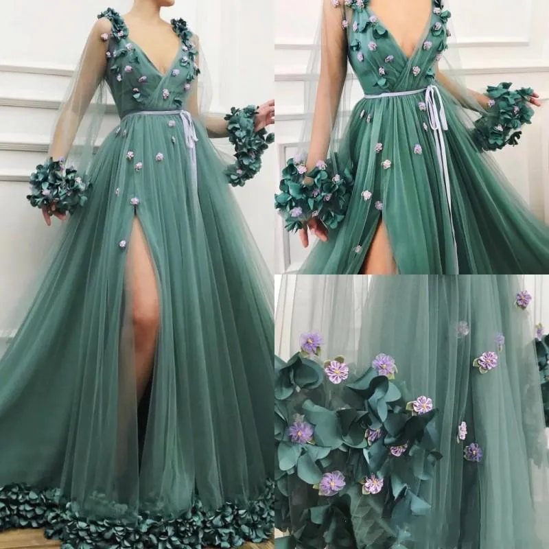 Hunter Green Boho Prom Dresses Sexy Diepe V-hals Lange Mouw Dij Hoge Spleten met D Bloemen Bloemen Avondjurken Formele Kleding