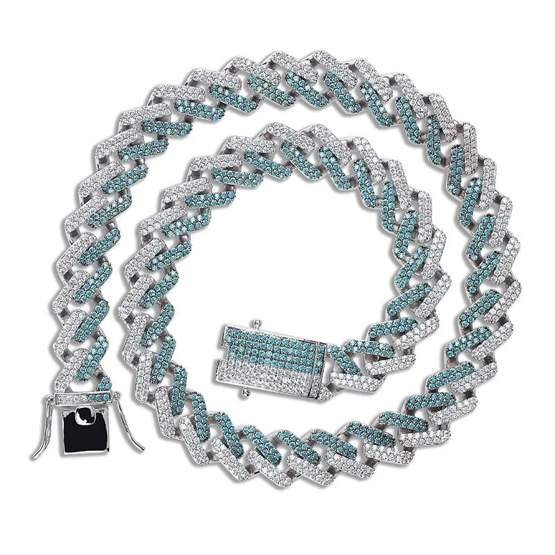 Chaînes à maillons cubains de Miami de 14 mm glacés Zircon vert deux tons plaqué collier hip hop pour homme