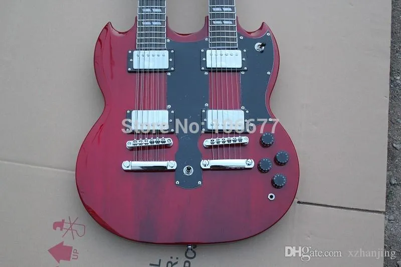 Alta qualidade 6 12 Strings Double Neck Custom Shop Wine Red SG Electric Guitar