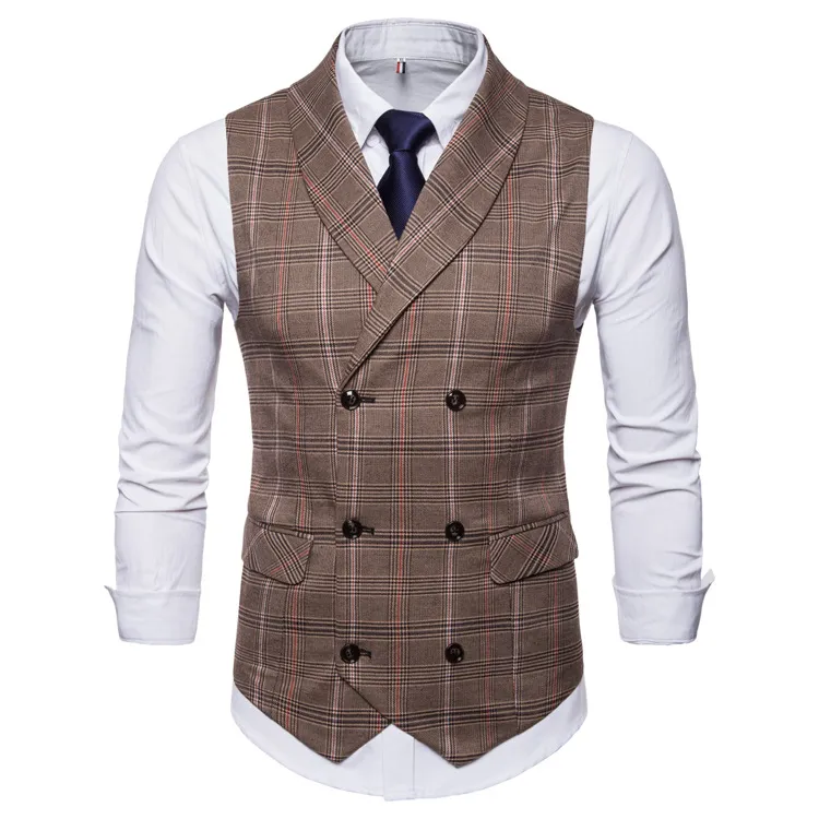 2019 Nowy Amazon Wiosna Jesień Gorąca Sprzedaż Męska Kamienista Kamizelka Plaid Double-Breasted Casual Waistcoat Mężczyźni Klatka Klatki Klatkowej