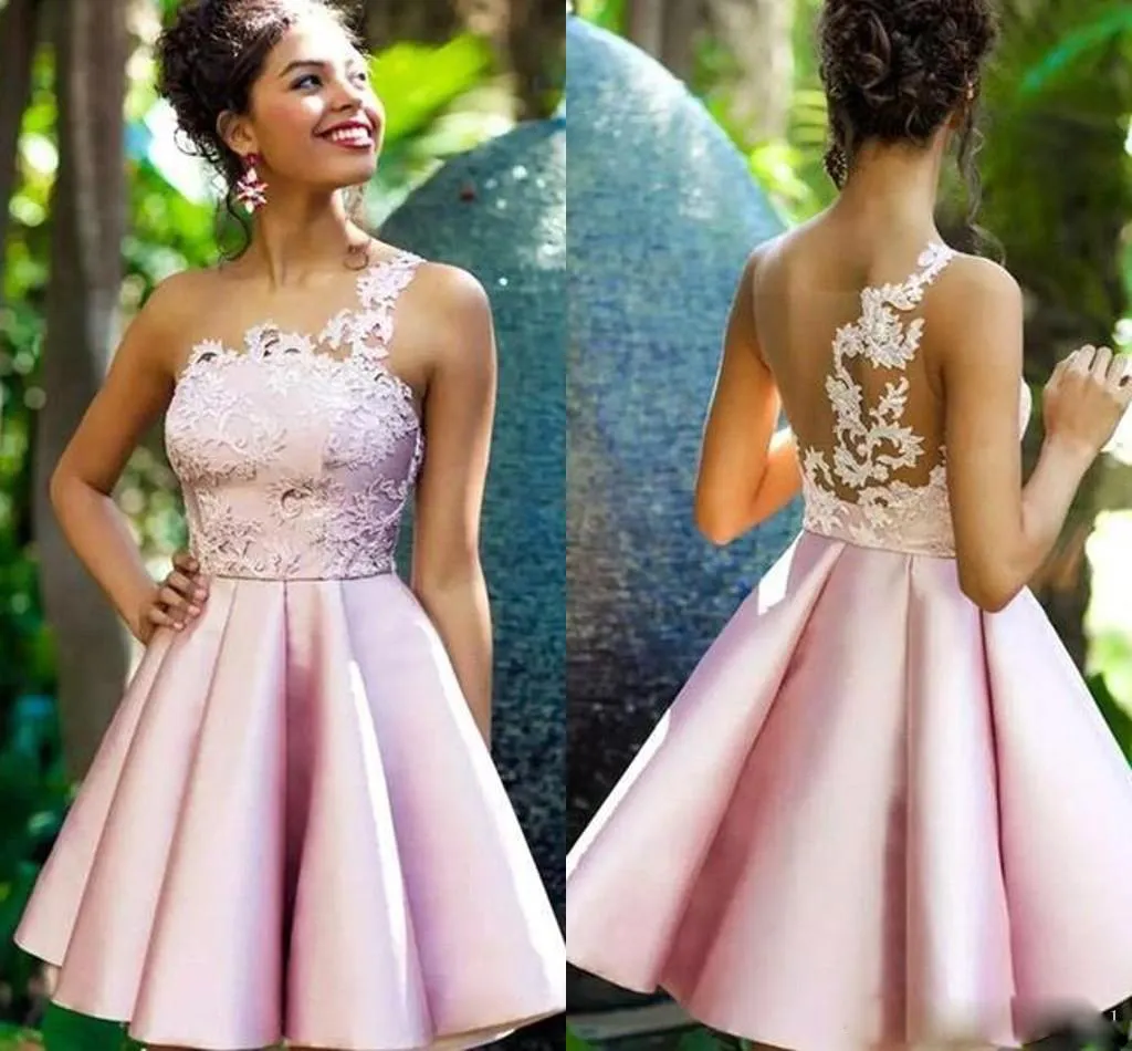 2020 Modest Jewel Sleeveless A Line Evening Dresses Crystal Lace Applique Satin Formal Dresses Knee Length Party Gown