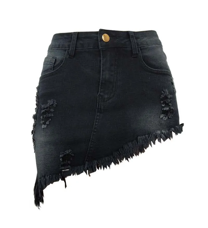 Abito corto in denim da donna Nappe con foro strappato Jeans a vita alta elastici a vita media Gonne al ginocchio A-line Casual femminile