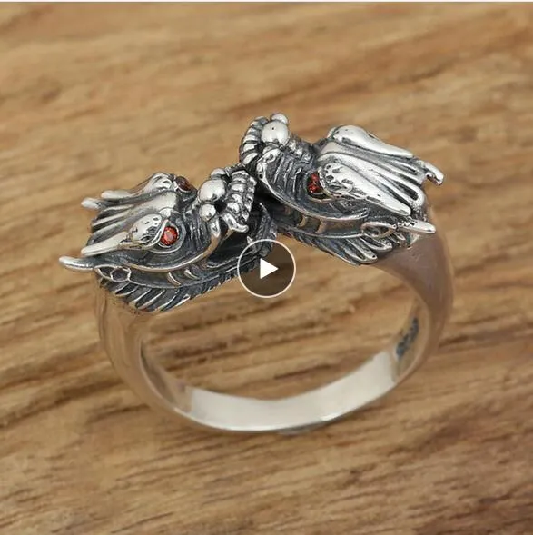 2019AdJustable Pierścień 100% 925 Sterling Silver Ring Retro Thai Silver Red Eye Dragon Kobiety Mężczyźni Fine Jewelry