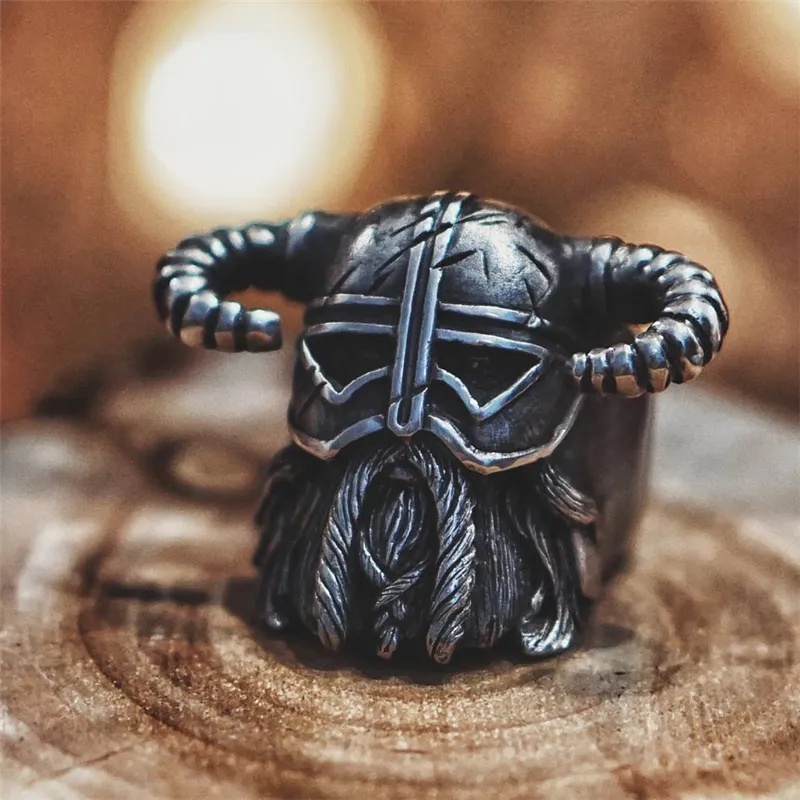Vikings Nordic Style Horns Helmet Warrior Ring Mens Vintage Heavy Stainless Steel Rings Unique Biker Jewelry Size 7- 14259c