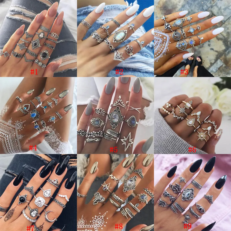 Vintage Böhmisches Midi-Fingerring-Set für Frauen, Strandschildkröte, Elefant, Edelstein, Kristall, Hochzeit, Knöchelringe, Boho-Modeschmuck in großen Mengen