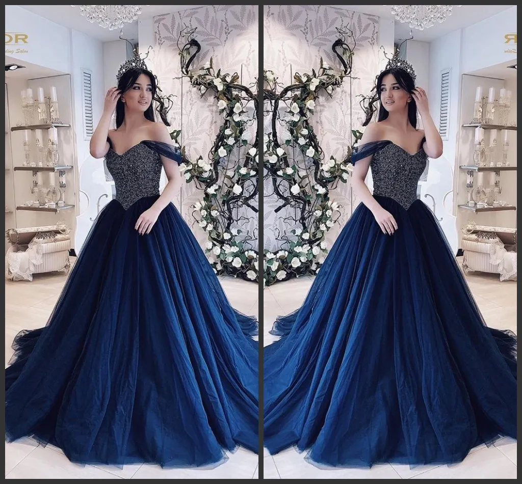 Navy Blue Tulle New Ball Gown Prom Klänningar Lång 2019 Sweetheart Billiga Robes de Cocktail Plus Size Prom Gown