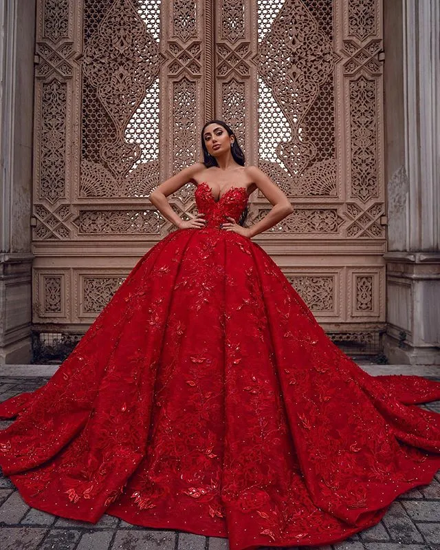 Various styles - red lace ball gown and A-line wedding/prom dress