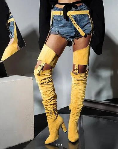 Vente chaude-Hot Rihanna Flock Bottes Hautes Hiver Sur Genou Mode Bottes À Talons Sangle Solide Bout Pointu Talon Carré Zip Bottes En Caoutchouc