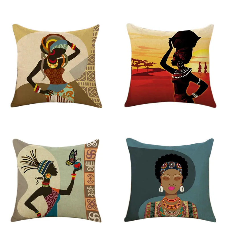 Caso de travesseiro dropship 18x18 polegadas decoração de casa de algodão quadrado desenhos animados mulher africana capa de almofada de linho