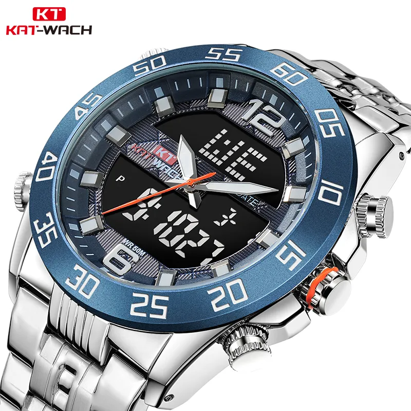 Kt masculino quartzo analógico digital relógio de luxo moda esporte relógio de pulso 50m à prova dwaterproof água aço inoxidável banda relógios para homem business257u