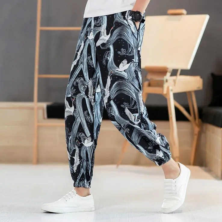 Printed Men Harem Pants Elastic Waist Loose Joggers Streetwear Chinese Vintage Casual Pants Trousers Men S-3XL