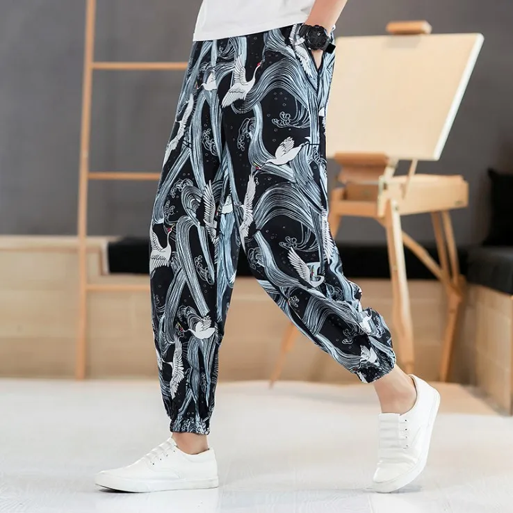 Gedrukt Heren Harem Broek Elastische Taille Losse Joggers Streetwear Chinese Vintage Casual Broek Broek Mannen S-3XL