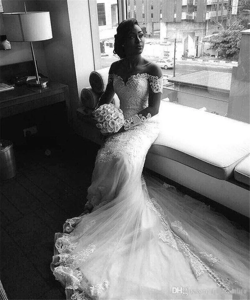Promotion US Size 16 White Mermaid Wedding Dresses Illusion Chapel Bridal Gowns Applique Long Sleeve Lace Vestido De Novia