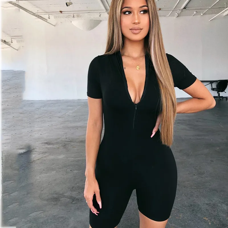 Women's Jumpsuits & Rompers Sexy High Deep V Neck Short Sleeve Single Breast Women Ribbed Bodysuits Playsuits With 2 Colors