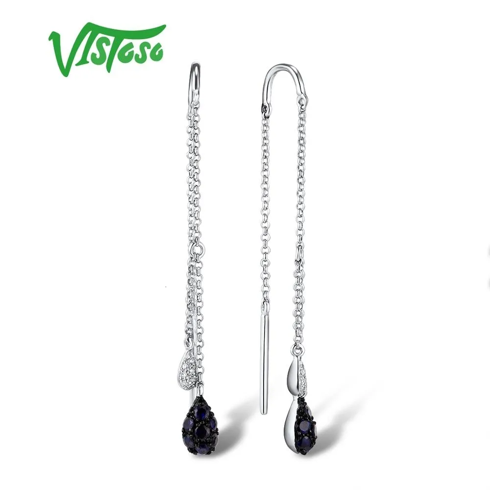 VISTOSO Gold Earrings For Women Authentic 14K 585 White Gold Sparkling Diamond Shiny Blue Sapphire Dangling Earring Fine Jewelry CJ191203
