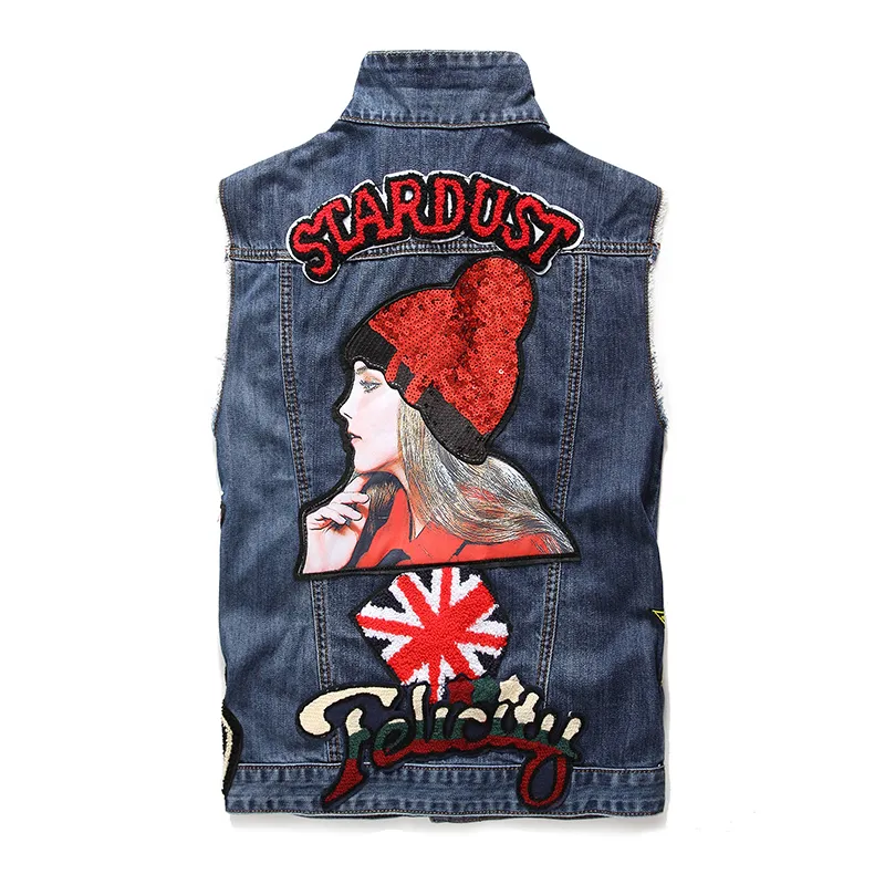 Mäns Patch Design denim Vest Fashion Slim Fit broderad Beauty Badge Stitching Washed Waistcoat Patchwork Tank Top