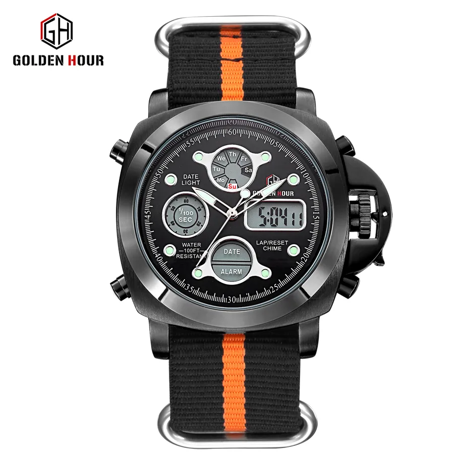 HOMBRE Goldenhour utomhus reloj Sport Watch Men Canvas Strap Watches Auto Date Display Man Write Watch Relogio Masculino