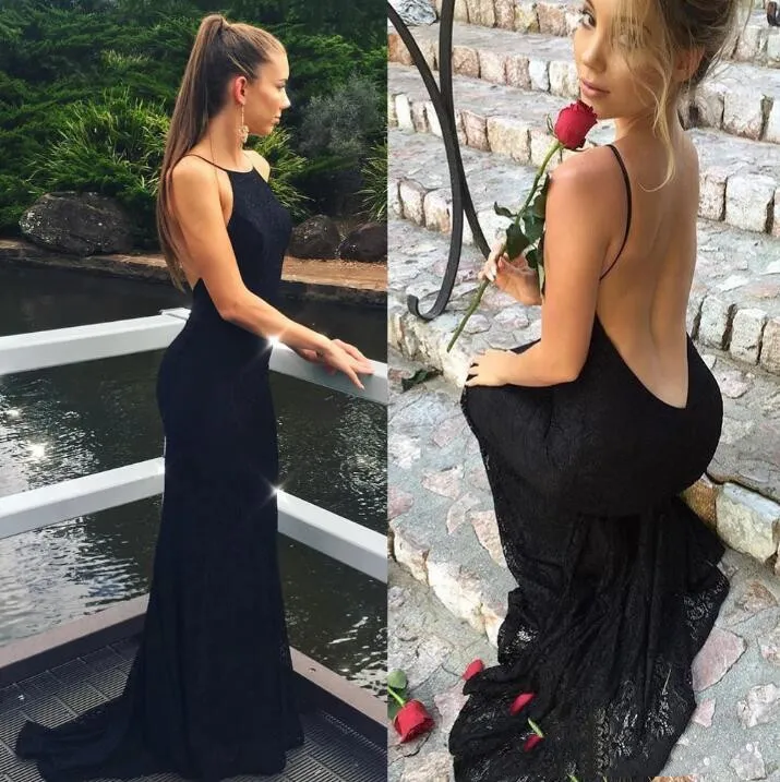 сексуальный недоуздок шеи черный русалка Пром платья Backless долго Формальное платье вечера партии дешевые кружева невесты платья на заказ