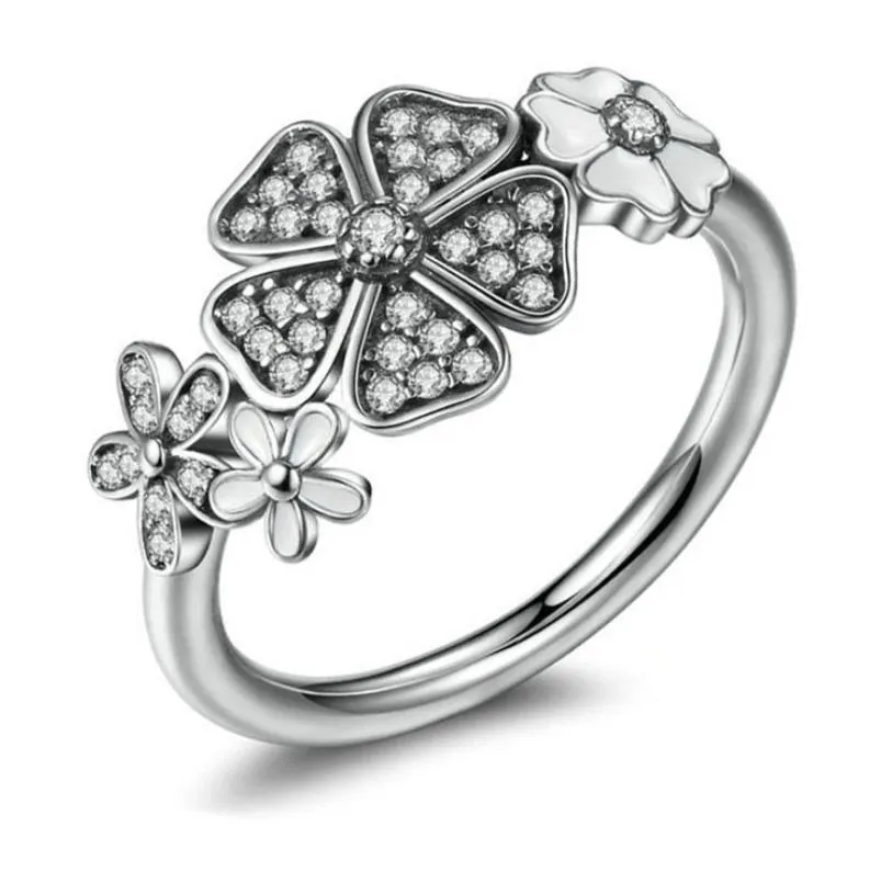 Autentico anello in argento sterling 925 con fiori in smalto bianco per Pandora Belle donne Fedi nuziali Gioielli con scatola originale W186