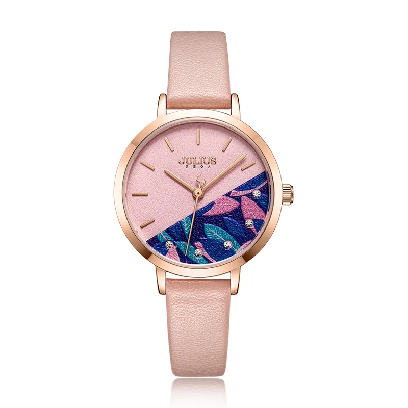 2022Julius Uhr Green Fresh Girl Fashion Watch Blumendesign Zarte Geschenkuhr Uhr für Freundin mit Geschenkbox-Verpackung JA-1089272A