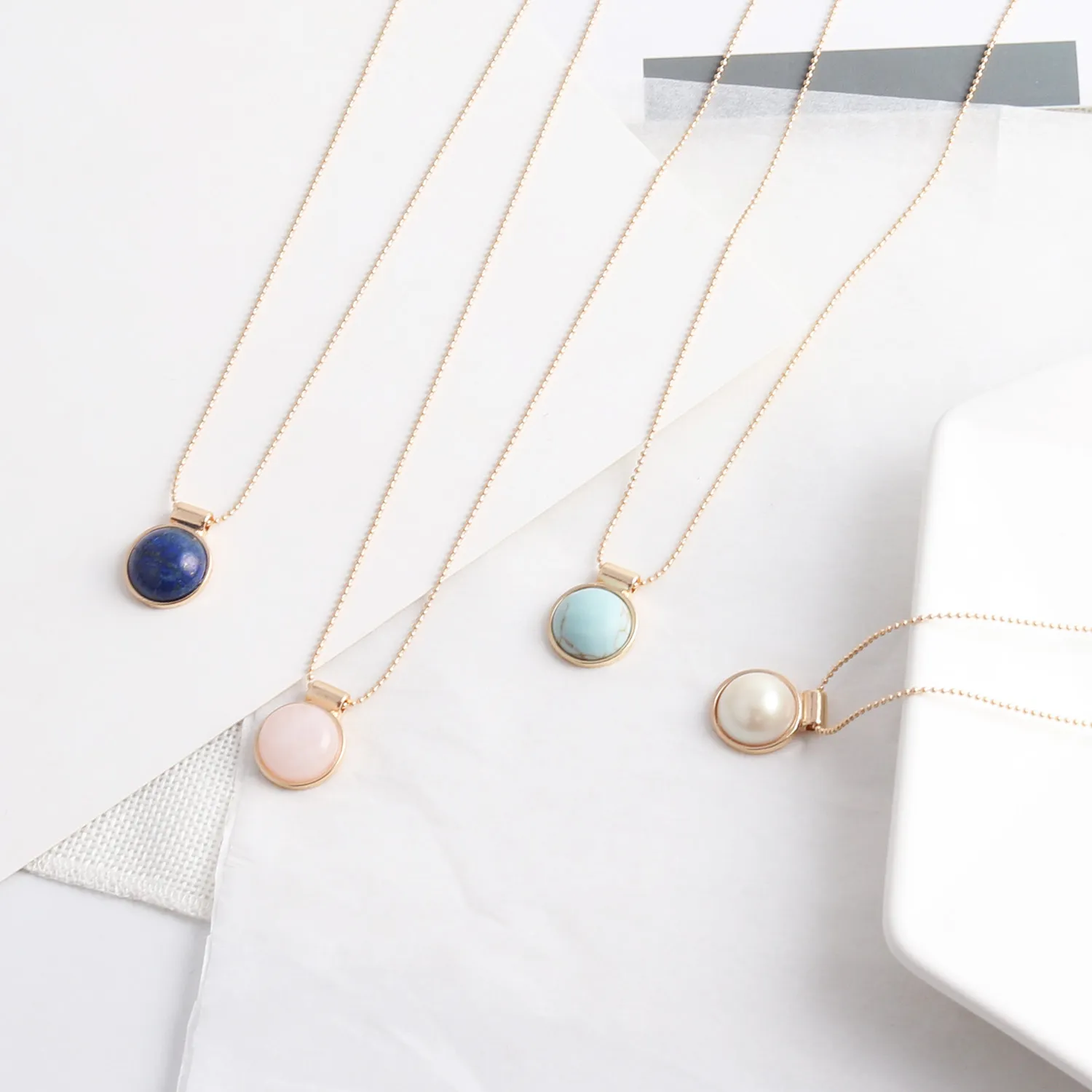 Fashion Round Blue Pink Quartz Turquoise Necklace Natural Stone Brand Gold Plated Necklaces for women Jewelry Gift