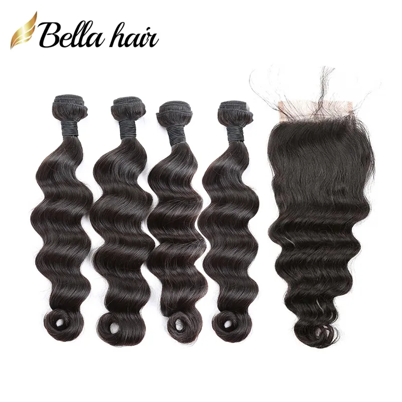 100% mänskligt hårbuntar med stängning Brasilianska Virgin Hairloose Deep HairExtensions 4 Bundleswith Lace Stänger 4x4 Gratis Part Bellahair