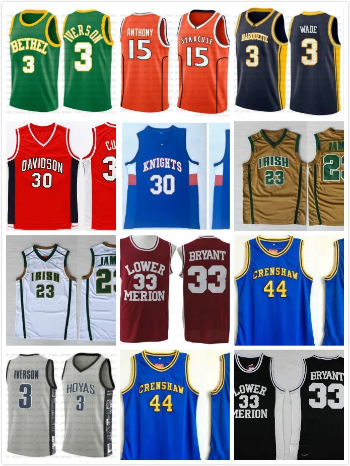 30 Curry NCCA Basketball Jersey Kawhi Men James Iverson Niederanthony 15 33 Bryant 23 Lebron Stephen High School College Trikots