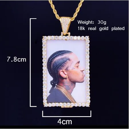 Nouveau collier pendentif médaillons Po Squar sur mesure avec chaîne en corde couleur or argent Zircon cubique bijoux Hip hop pour hommes 324U