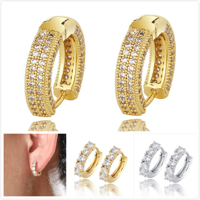 Nouvelle mode personnalisée plaqué or 18 carats Blingbling Cubic Zirconia Diamond Hoop Boucles d'oreilles Hommes Femmes Hip Hop Iced Out Bijoux pour Couples