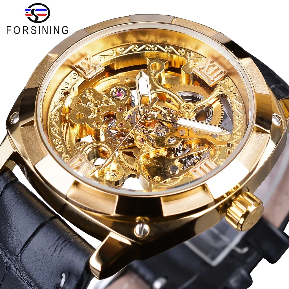 Forsining Watch Golden Skeleton Clock Male Mens 기계식 손목 시계 최고 브랜드 고급스러운 검은 색 가죽 벨트 빛나는 손.