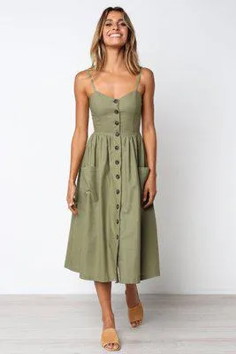 Knop Gestreepte Afdruk Katoen Linnen Casual Zomerjurk Sexy Spaghetti Strap V-hals Off Shoulder Dames Midi Jurk Vestidos