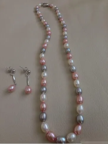 Collier et boucles d'oreilles en perles de culture d'eau douce, fait à la main, multicolore, naturel, 7-8mm de long, 18 pouces, ensemble de bijoux à la mode