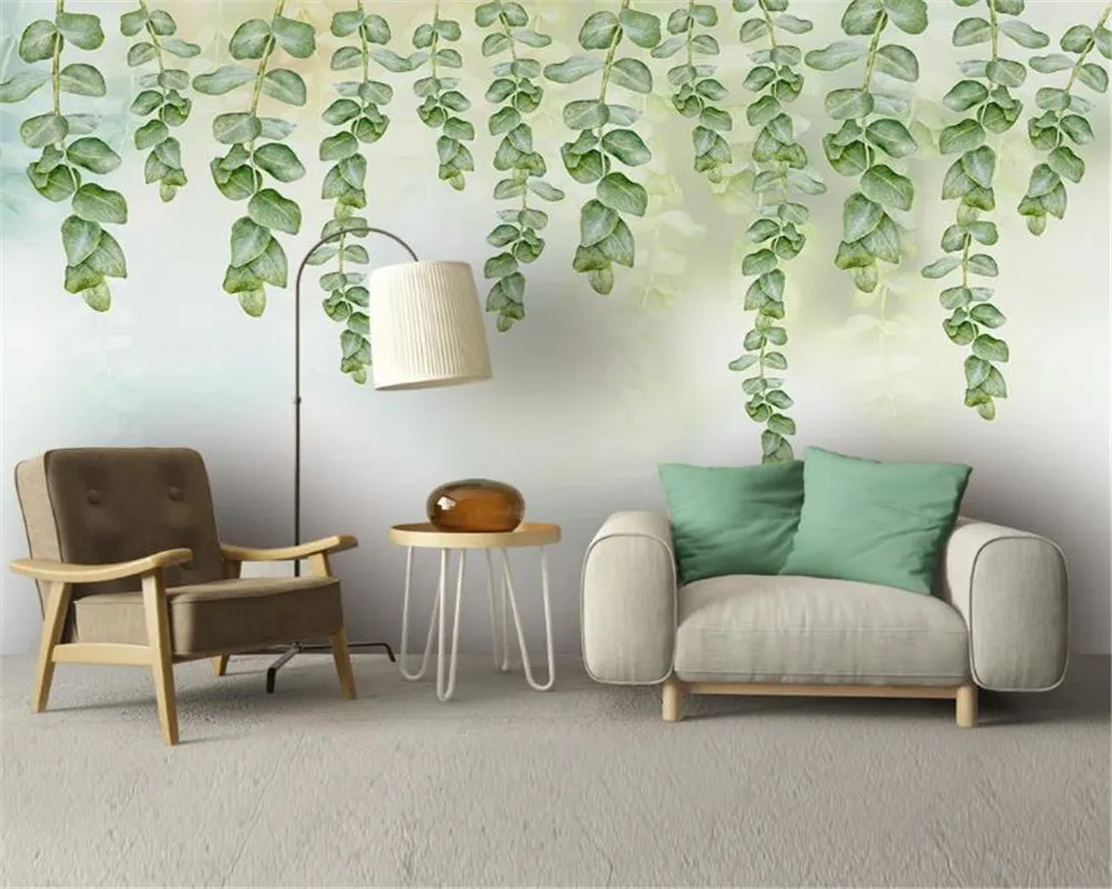 3d moderne behang nordic eenvoudige kleine verse groene bladeren aquarel stijl achtergrond muur zijde muurschildering behang