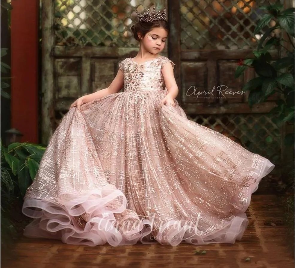 2020 Rose Or Paillettes Robes De Fille De Fleur Pour Les Mariages Dentelle Paillettes Arc Dos Ouvert Manches Courtes Filles Pageant Robe Enfants Communion Robes