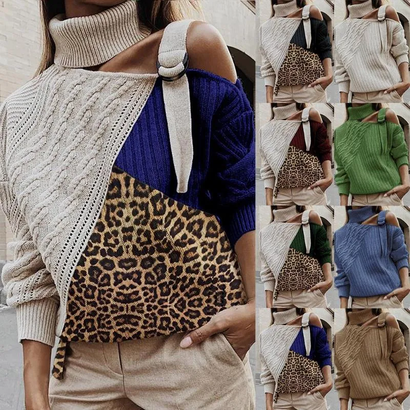 Leopardo Turtleneck Camisola Mulheres Patchwork Sexy Off Ombro Cor Block Tricotadas Jumpers Casual Batwing Manga Longa Pullovers