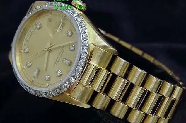Brand New Quality Day-Date President 18-karatowy zegarek z żółtego złota w/złota diamentowa tarcza/bezel męskie sportowe zegarki na rękę automatyczny męski zegarek