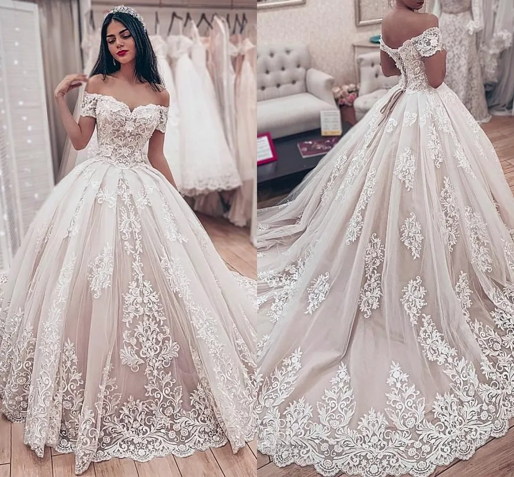 Embroidery Lace Ivory Princess Wedding Dresses Off Shoulder Corset Back Saudi Arabic South African Wedding Dress Bridal Gowns Plus Size