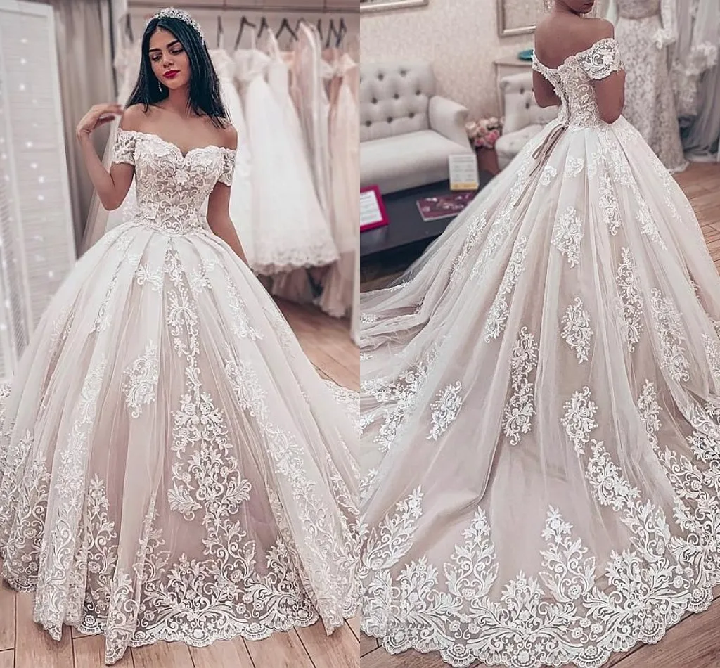 Abiti da sposa principessa avorio in pizzo ricamato con spalle scoperte e corsetto sul retro Abito da sposa sudafricano arabo saudita Abiti da sposa Taglie forti