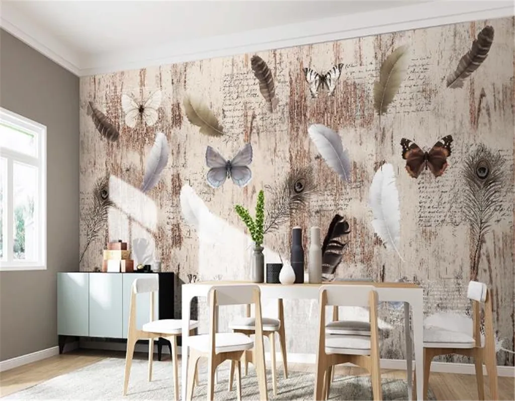 3d Wallpaper Living Room Nordic Feathers Butterfly Retro Wood Plank TV Background Wall Painting Wallpaper
