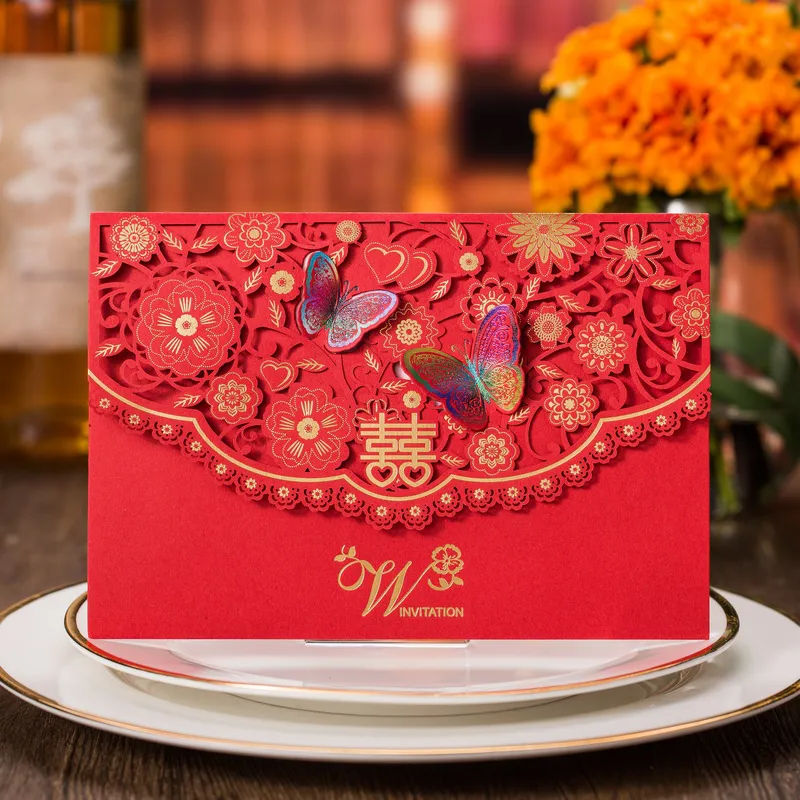 (30 pièces/lot) carte d'invitation de mariage rouge chinoise traditionnelle d'outre-mer découpée au Laser invitations de mariage papillon CX017