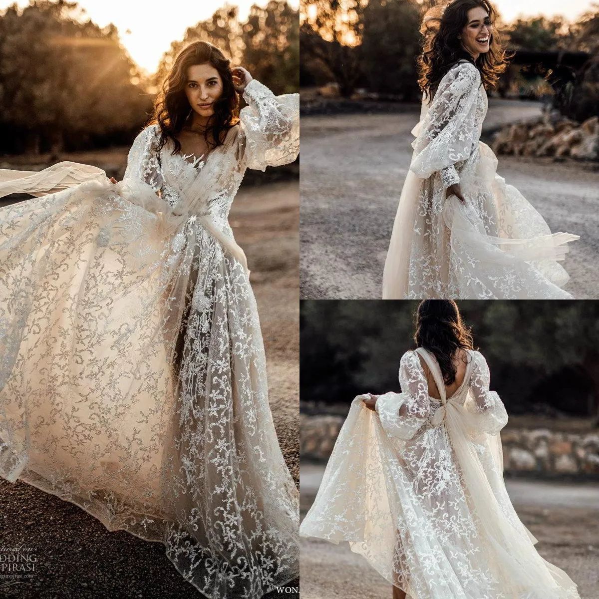 Abiti da sposa classici a maniche lunghe 2020 Abiti da sposa bohemien con applicazioni in pizzo pieno Sweep Train Abiti da sposa Vestido De Novia