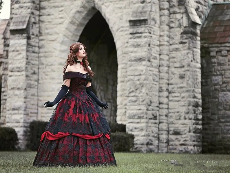 Gotycka czarno -czerwona wiejska sukienki ślubne z ramion gorset z powrotem wiktoriańska halloweenowa królewska suknia ślubna Puffy Tiulle Br206U