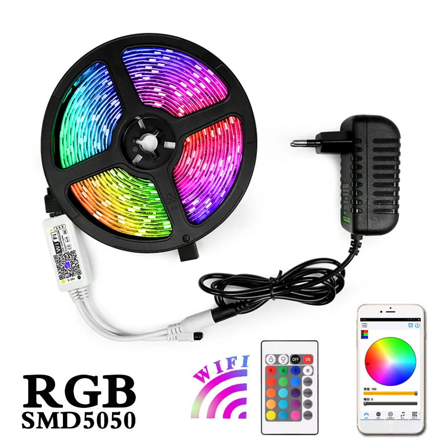 5m 10m 15m RGB LED 스트립 라이트 방수 Fiexble 빛 LED 리본 테이프 5050 전원 플러그 컨트롤러와 LED 램프