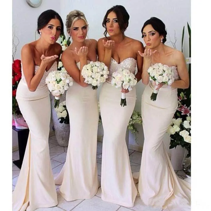 New Sexy Ivory Mermaid Strapless Beaded Bridemaid Dress Long Floor Length Wedding Bride Party Dresses Maid of Honor Gown Under 100