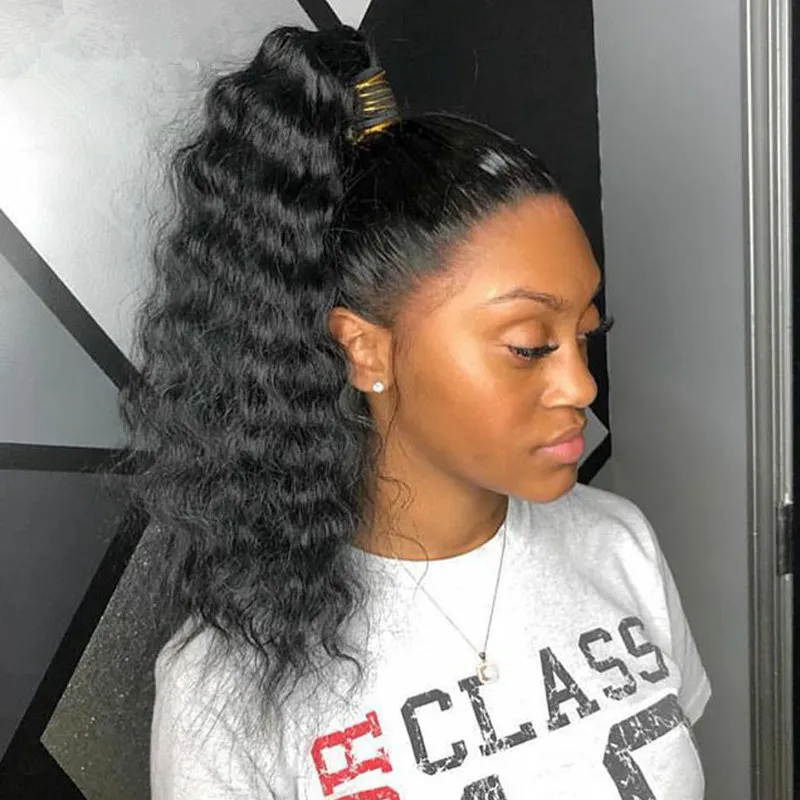 8A Afro Gevşek Kıvırcık At Kuyruğu İnsan Saç Uzantıları Doğal Siyah Remy İnsan Saç Ponytails 120 gram Kapalı Siyah Renk İpli m ...