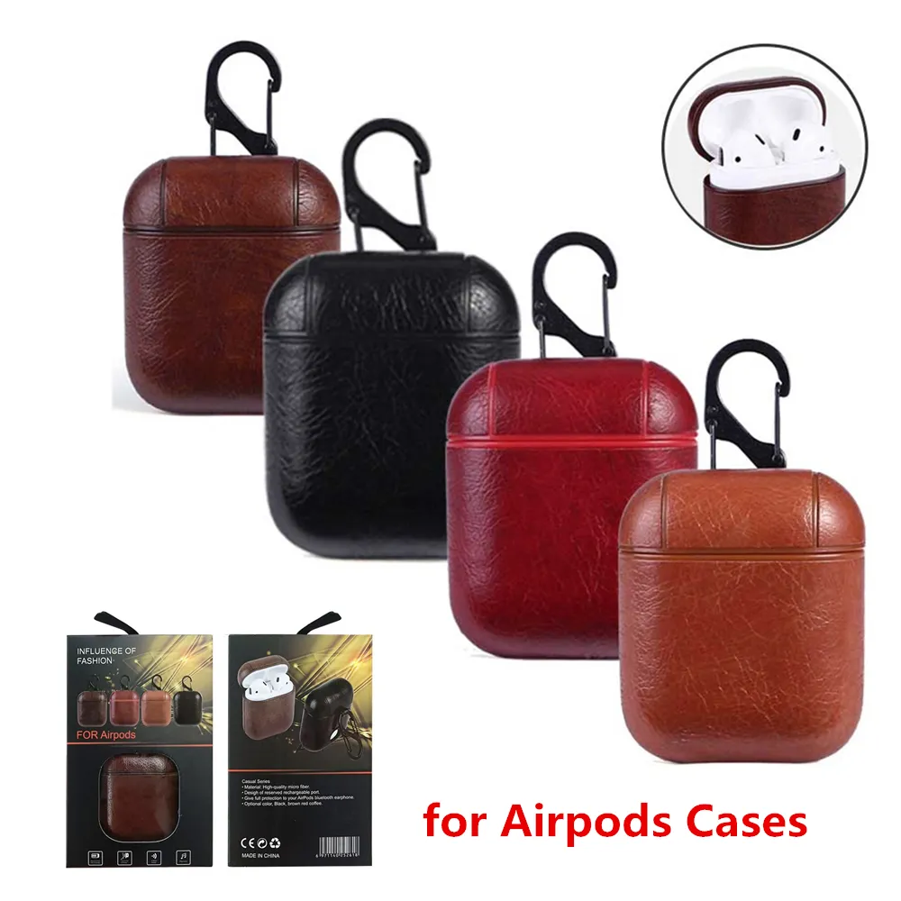 PU Leather Wireless Bluetooth Storage Box Cases For Apple AirPods Protector Headphone Case Cover With Hook Shockproof Retro Earbuds Boxs