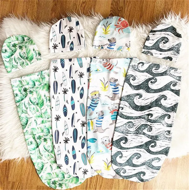 INS Bebê recém-nascido de gavetas Enrole Sacos de Dormir com cap sono Chapéus Define presentes animal floral Muslin Enrole Hat criança Swaddling Sacks crianças E22602