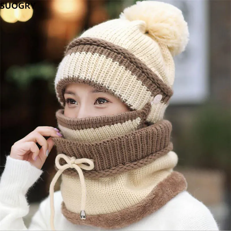 SUOGRY hiver bonnet chapeau écharpe et masque ensemble 3 pièces épais chaud tricot casquette pour les femmes S18120302