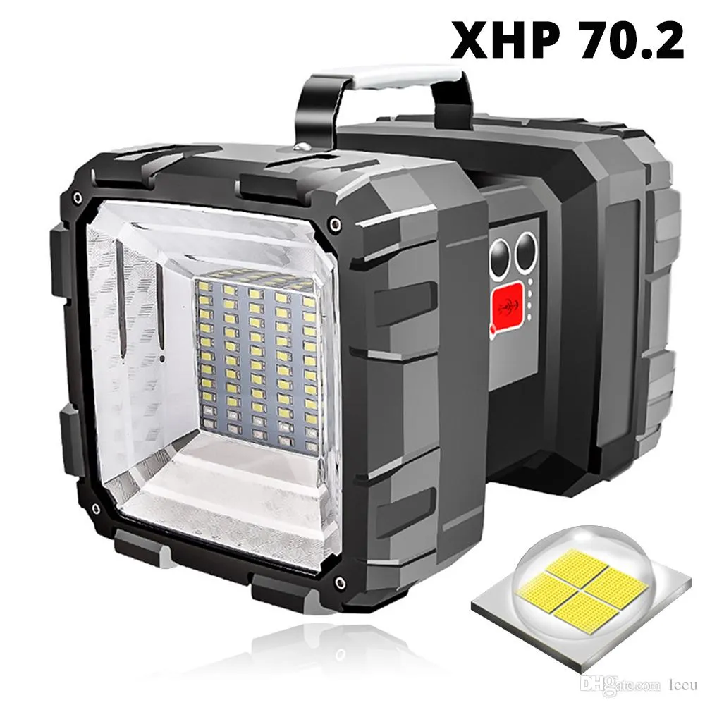 Wiederaufladbarer LED-Suchscheinwerfer. Doppelkopf-LED-Taschenlampenscheinwerfer mit wasserdichter XHP 70.2-Lampenperle